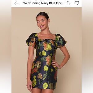 stunning navy blue floral  jacquard puff mini dress lulus cocktail new w/ tag